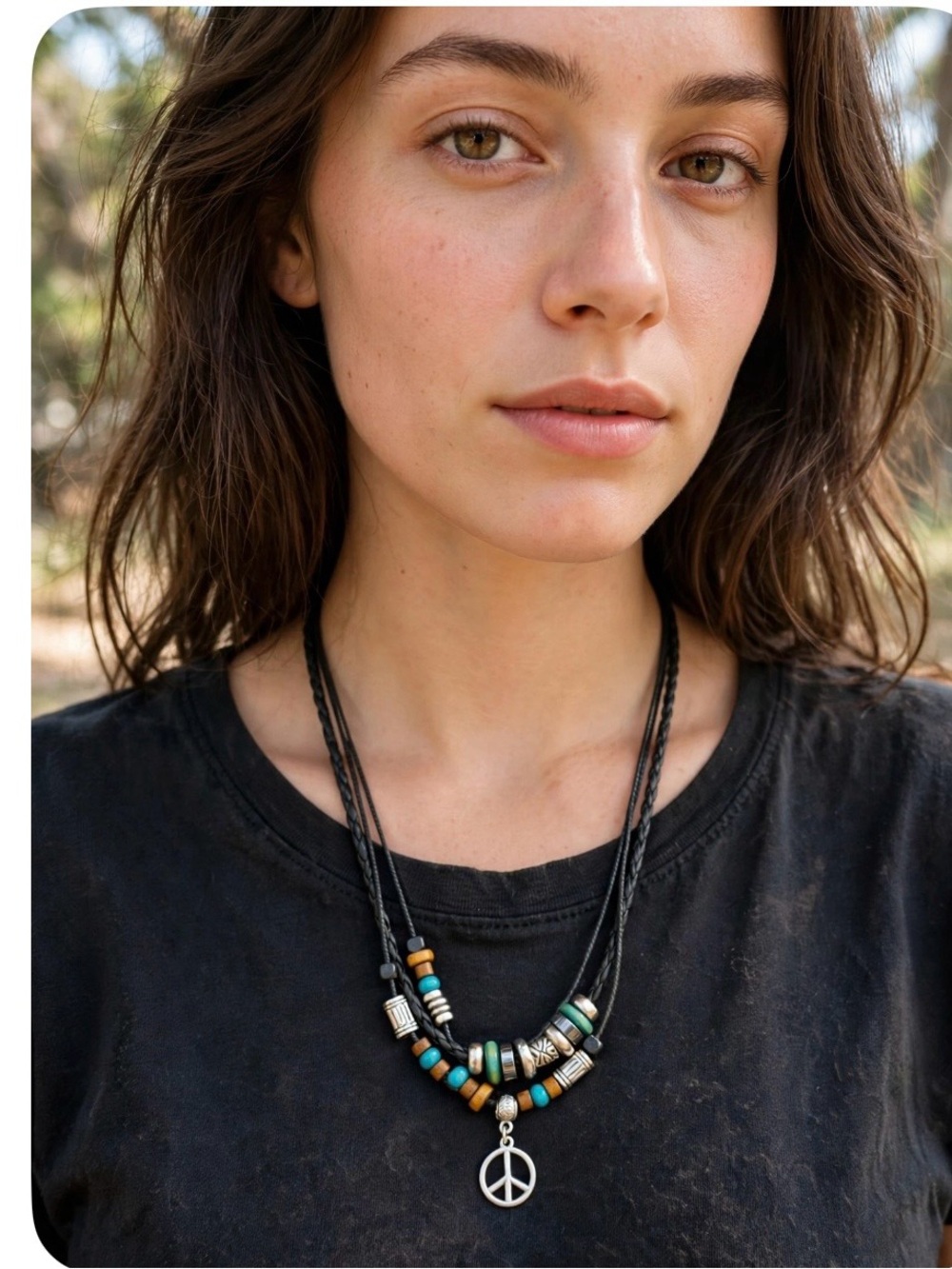 Boho Peace Sign Pendant Necklace in Black with Turquoise and Wood Beads
